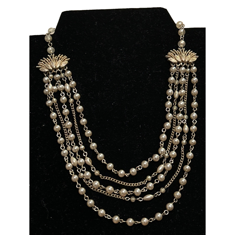 Vintage Coro Gold Tone & Faux Pearl Bib Necklace Multi Strand Cocker